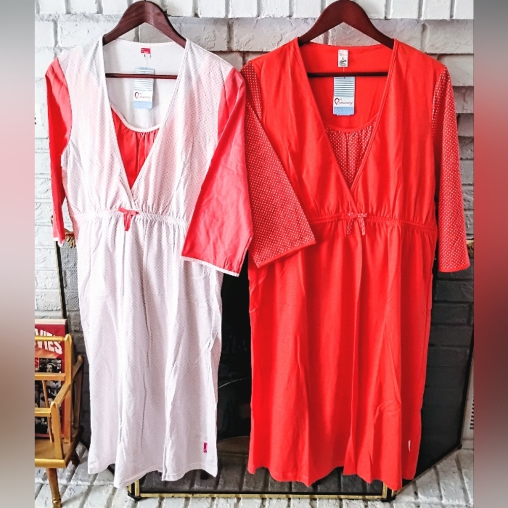 2-Piece Red & White Cotton Maternity Nightgowns - Polka Dot Accent